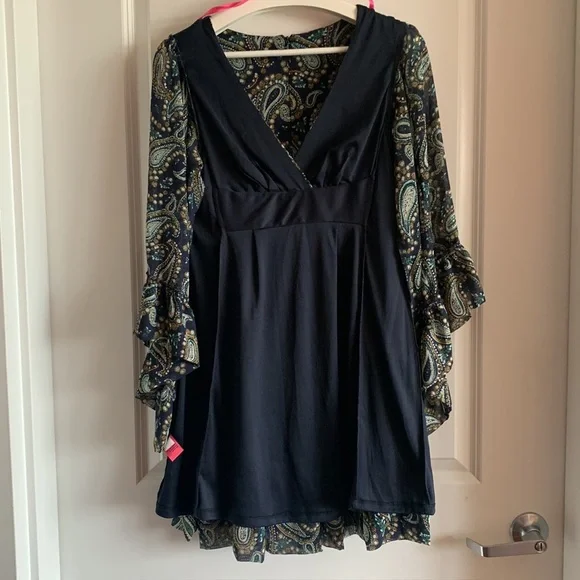 Betsey Johnson Paisley Dress Blue 4 V-neck Ruffle Party Wedding Guest Vacation - Picture 15 of 17